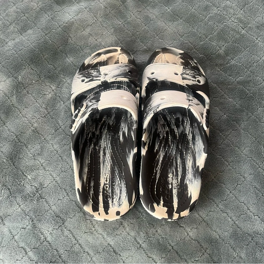 Crocs Marbled Sandal Black White Marble Slides Mens 7 Womens 9 206761-001‎